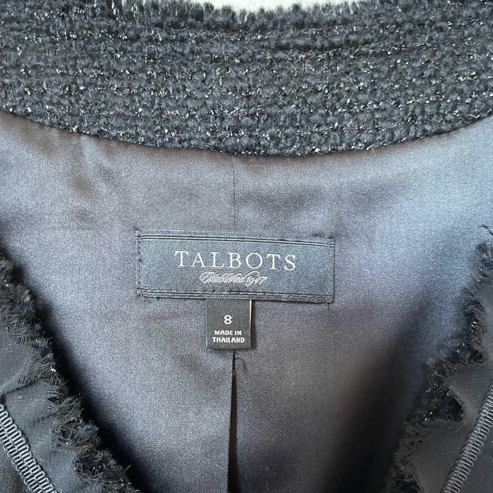 Talbots Collection Black Tweed Silver Shimmer Fringed Ruffle Wool Jacket 8 - Picture 4 of 10